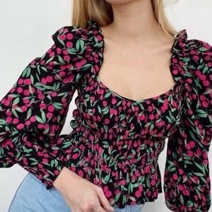 Topshop cherry print smocked cropped puff sleeve square neck blouse top 8